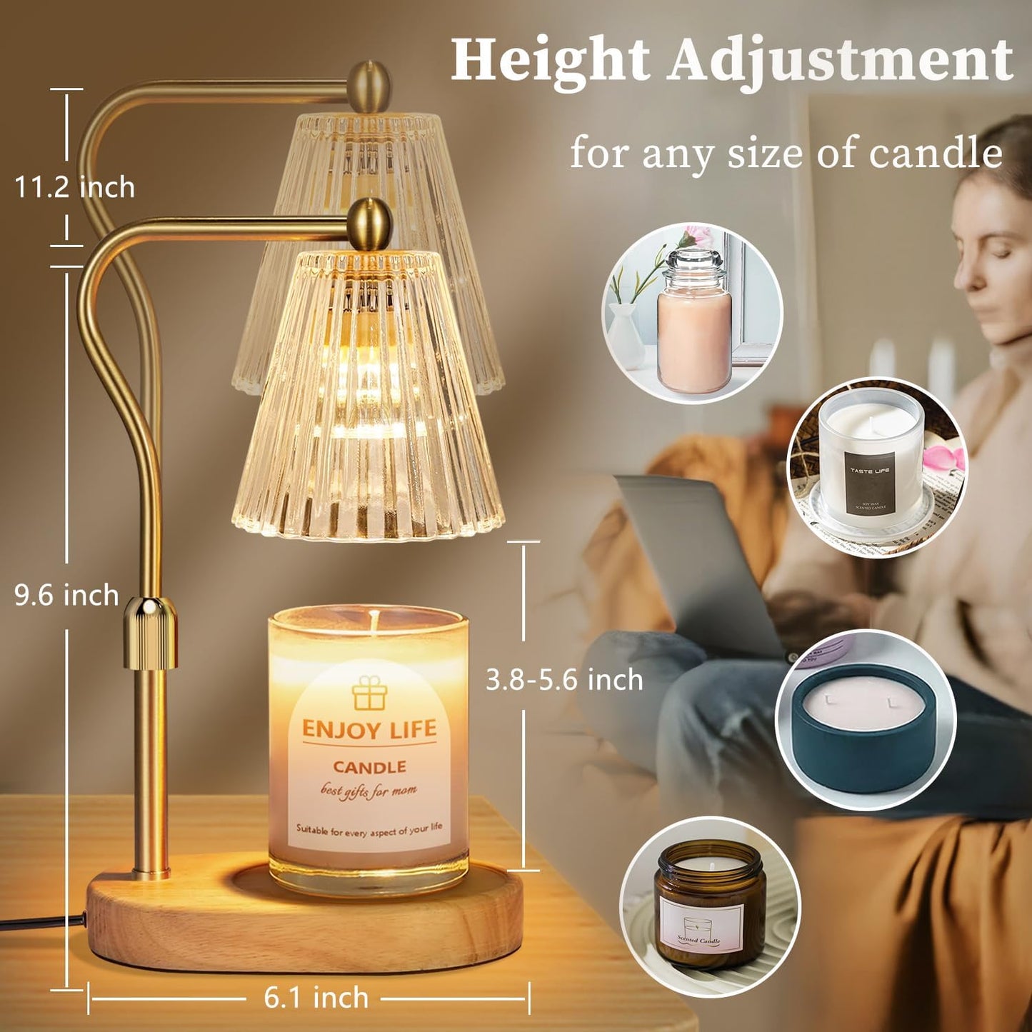 Candle Warmer Lamp with Timer Dimmer Adjustable Height for New Home Bedroom