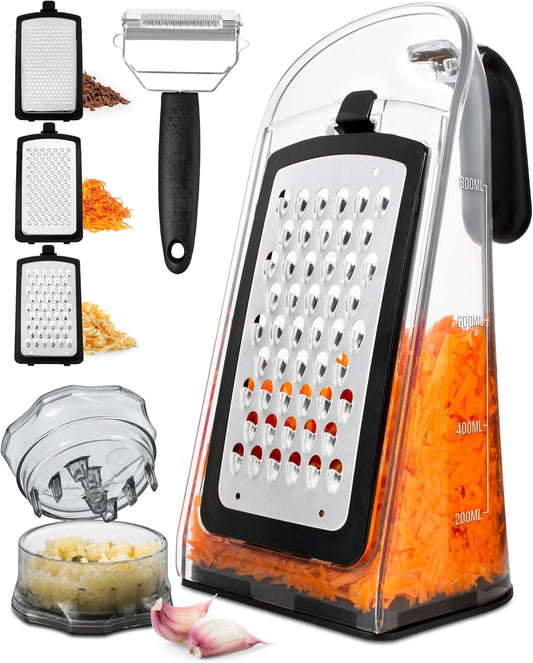Cheese Grater with Garlic Crusher- Box Grater Vegetable Shredder with 3 Stainless Steel Blades - Graters for Kitchen- Cheese Graters