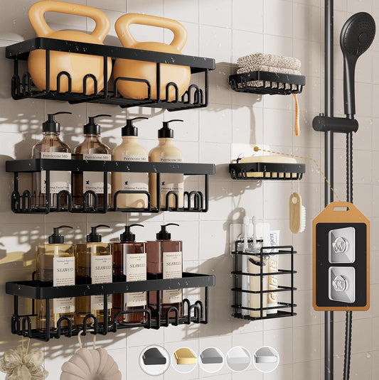 eken Stainless Steel Shower Caddy 6-Pack, No Drilling & Rustproof, Waterproof Adhesive Shelves Rack with Soap Holder, Large Capacity Bathroom Organizers and Storage, Wall-Mounted