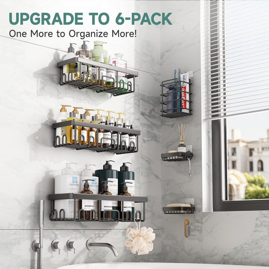 eken Stainless Steel Shower Caddy 6-Pack, No Drilling & Rustproof, Waterproof Adhesive Shelves Rack with Soap Holder, Large Capacity Bathroom Organizers and Storage, Wall-Mounted